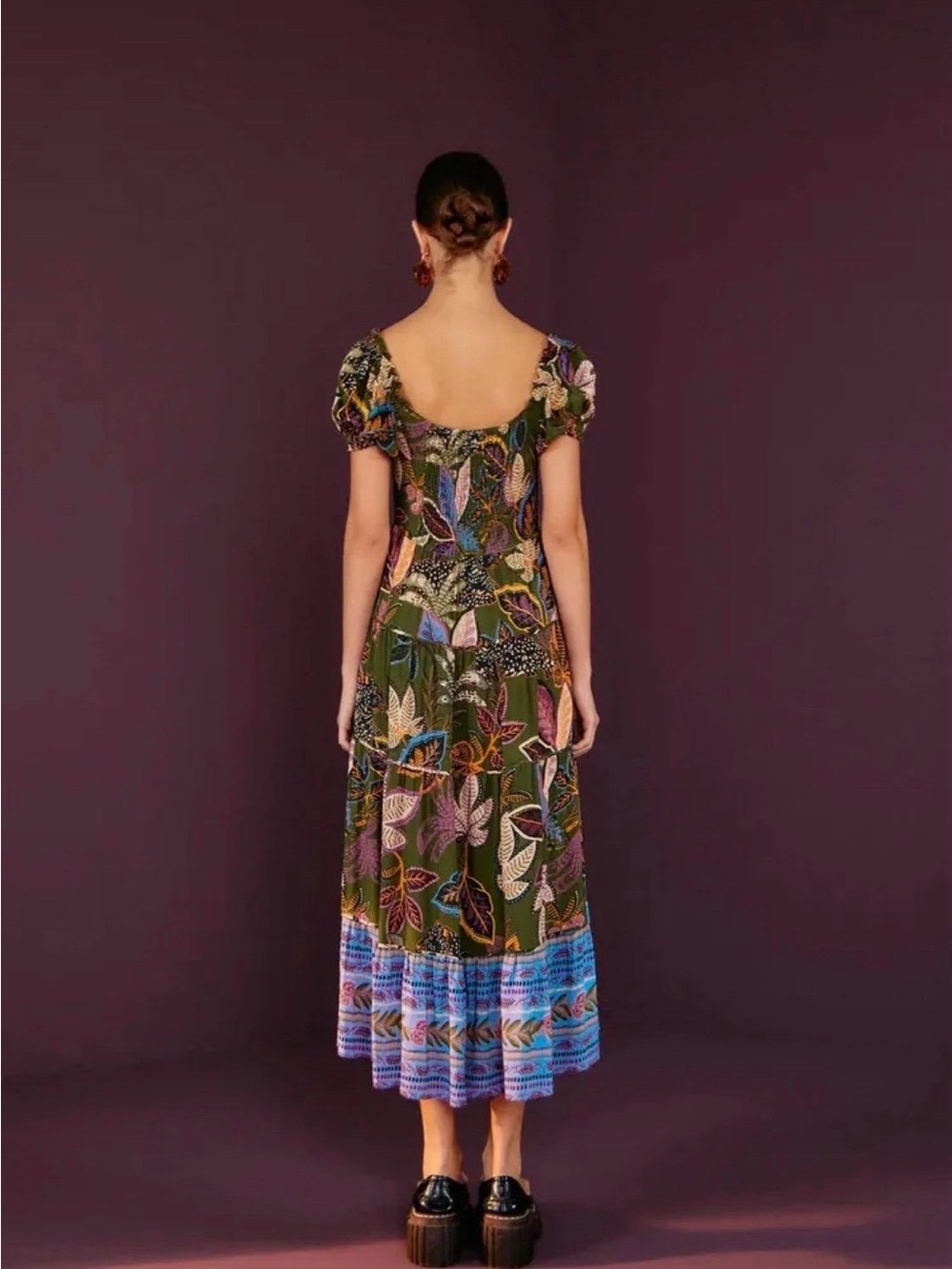 FARM Rio Olive Green Floral Tiered Maxi Dress with Pink & Purple Accents - Picture 4 of 5